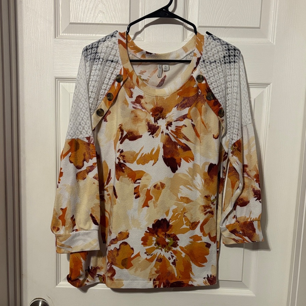 Cato Orange and Cream Floral Long Sleeve Top